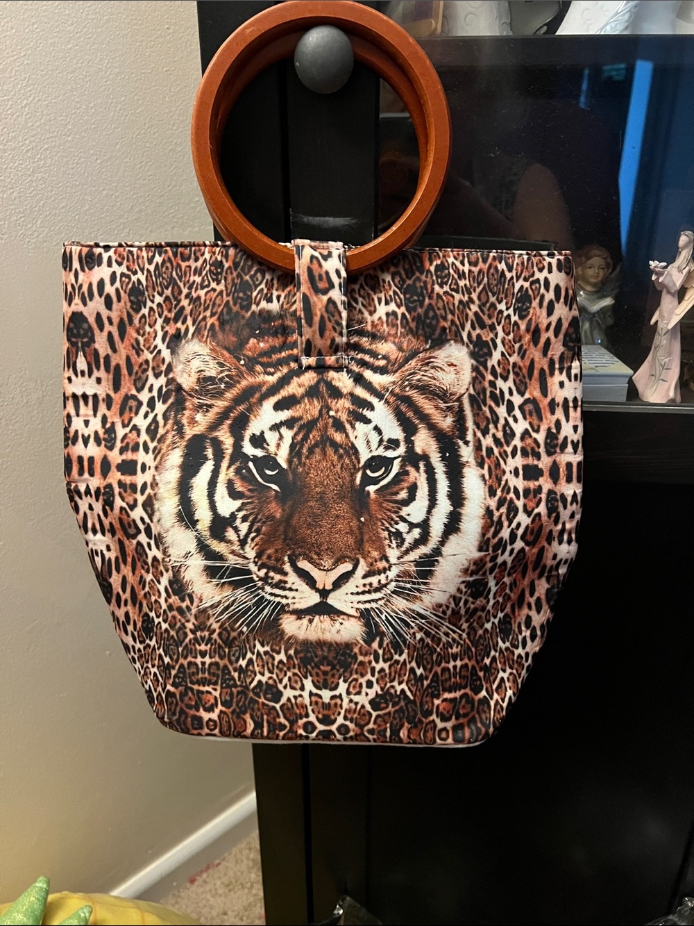 Tiger Print Round-Handle Tote Bag in Brown